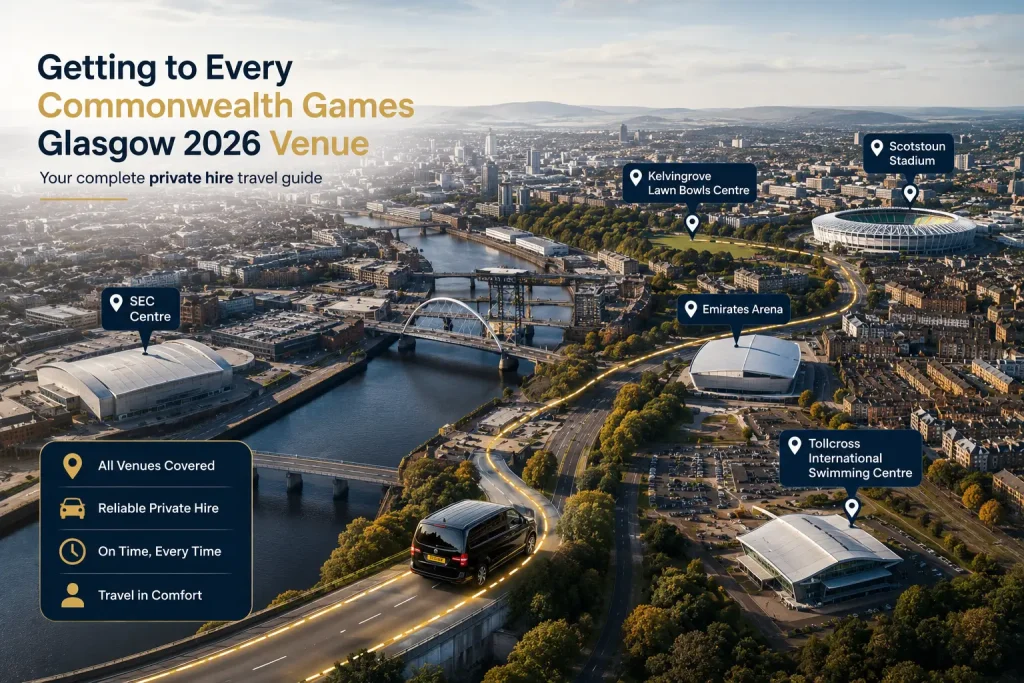 Aerial view of Commonwealth Games Glasgow 2026 venues with a private hire travel route.