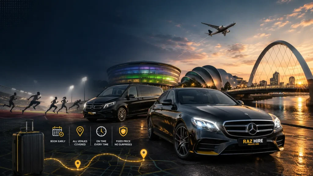 Luxury executive taxi for Commonwealth Games Glasgow 2026 with Glasgow landmarks and airport transfer service.
