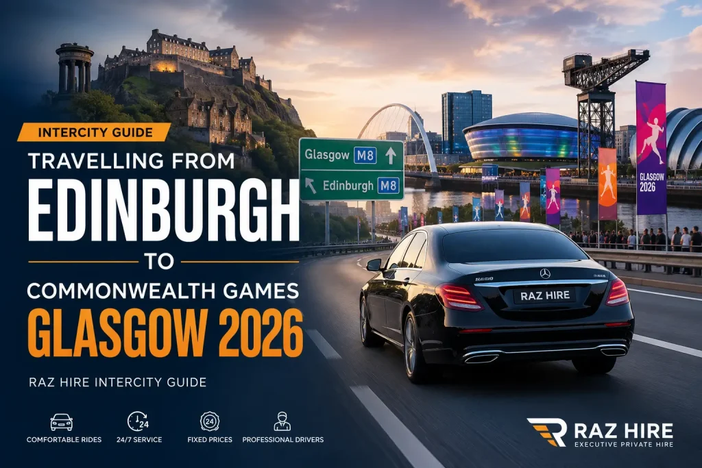 Luxury Raz Hire taxi travelling from Edinburgh to Commonwealth Games Glasgow 2026.