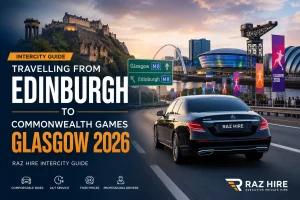 Luxury Raz Hire taxi travelling from Edinburgh to Commonwealth Games Glasgow 2026.
