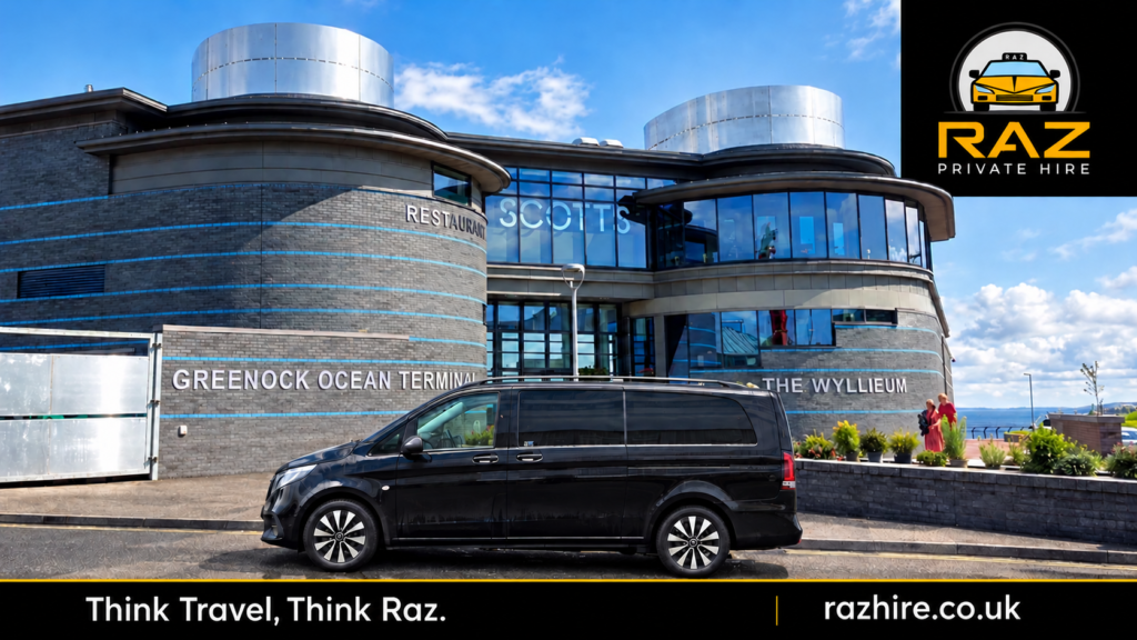 Raz Private Hire black Mercedes Vito and company logo in a promotional image of Greenock Ocean Terminal
