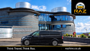 Raz Private Hire black Mercedes Vito and company logo in a promotional image of Greenock Ocean Terminal