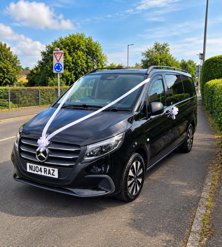 Raz Private Hire Mercedes-Benz Vito dressed with white wedding ribbons