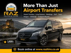 Professional chauffeur with name board greeting passenger at Glasgow Airport arrivals for premium meet and greet airport transfer service