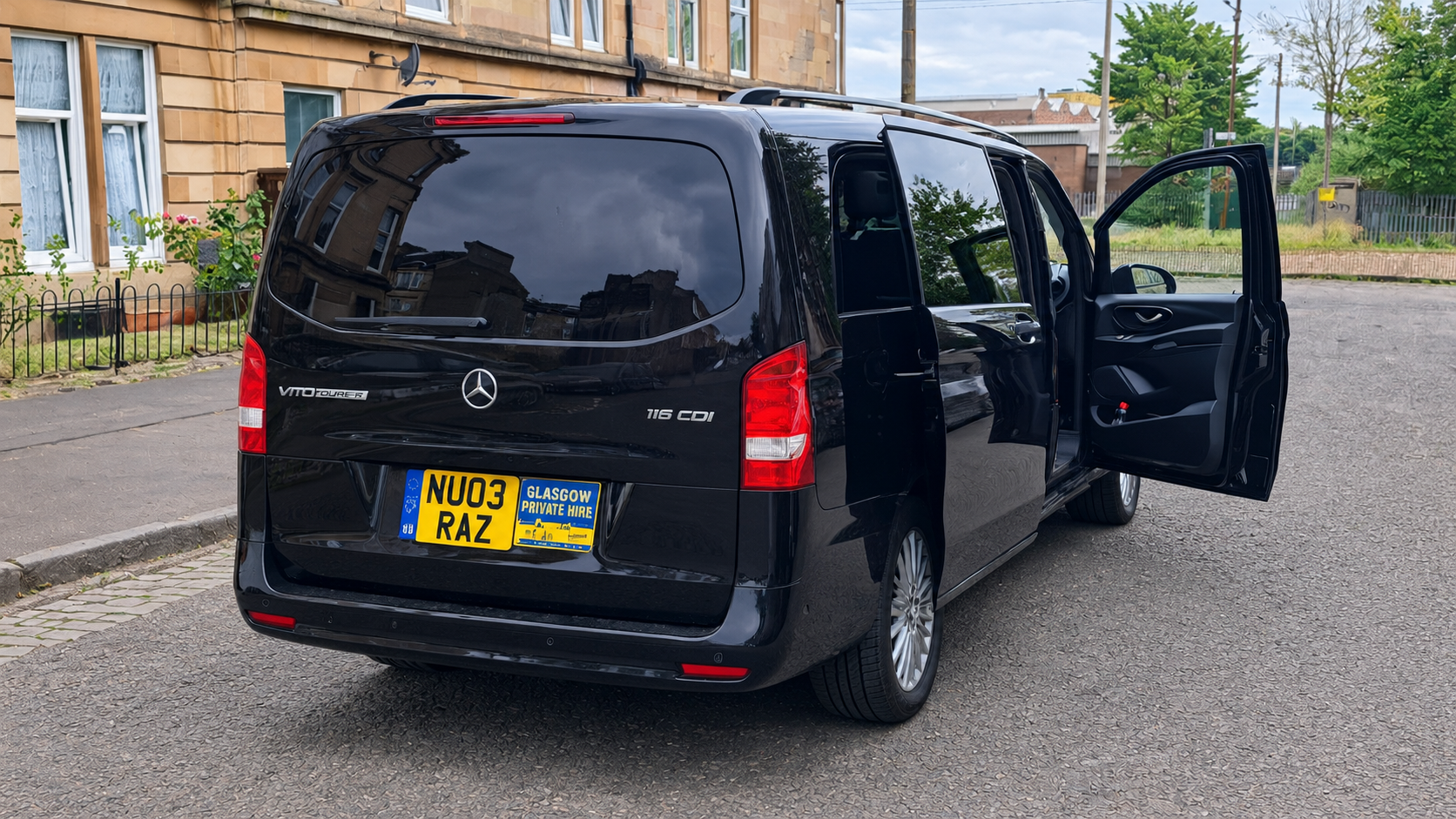 Black Mercedes Vito used for Raz Private Hire 8-seater group journeys