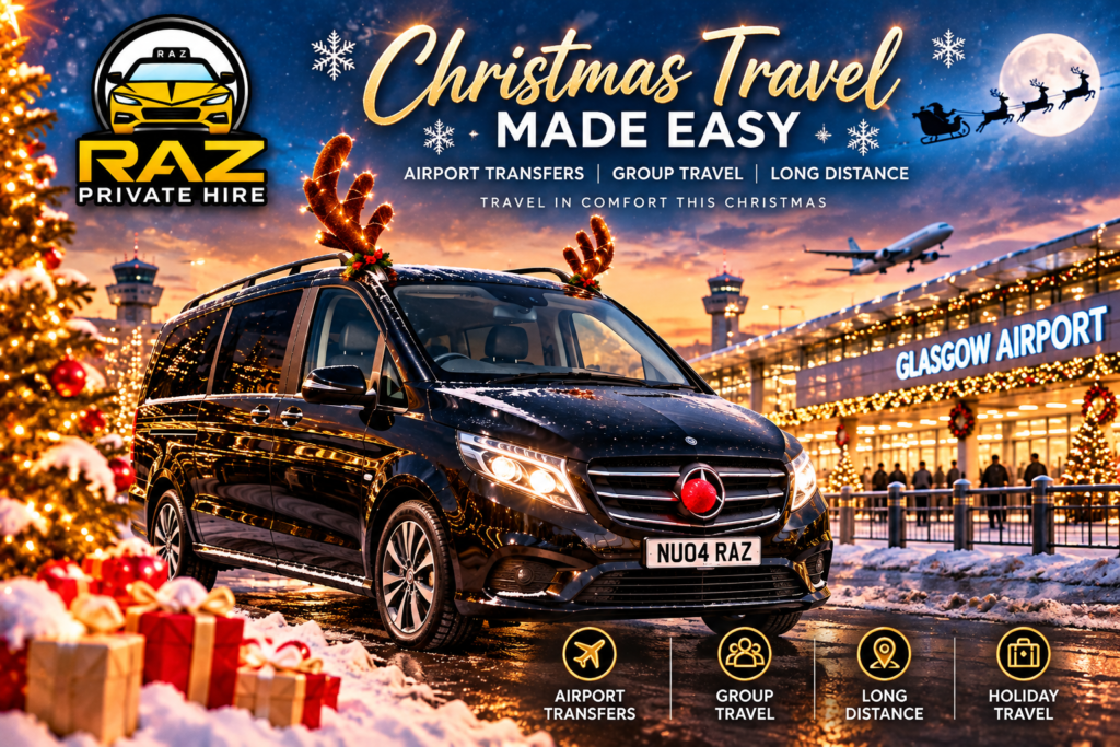 Festive Raz Private Hire Christmas travel artwork for airport transfers and group journeys