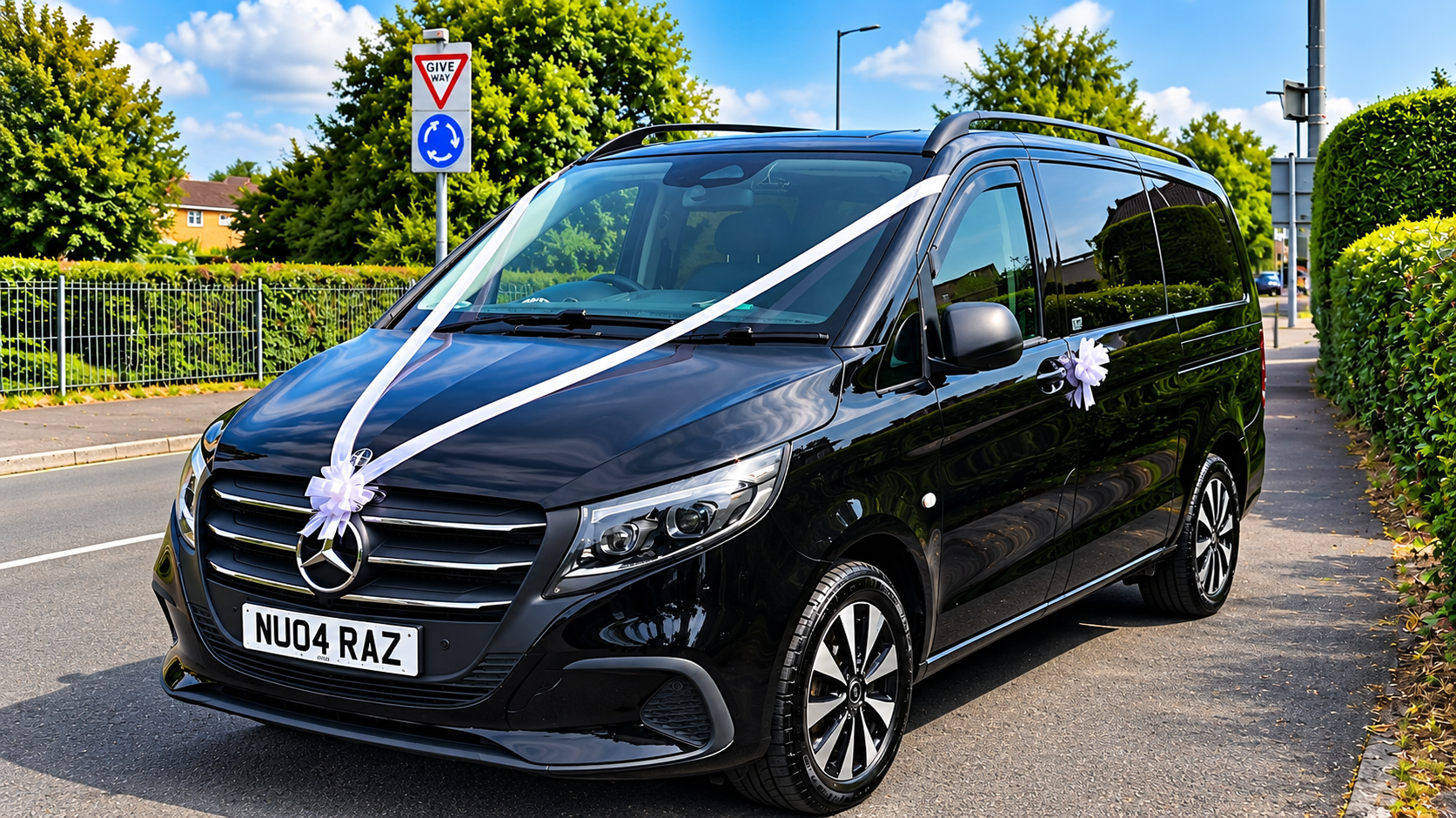 Raz Private Hire Mercedes-Benz Vito dressed with white wedding ribbons